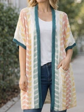 Autumn -skye Sky Teal and Cream Striped Open-Knit Cardigan size large